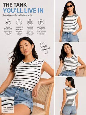 2-Pack S-2XL Women’s Striped Cotton Tank Tops Sleeveless Casual Tops